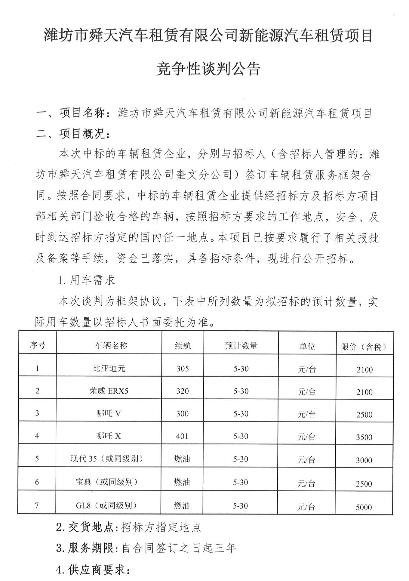 潍坊市舜天汽车租赁有限公司新能源汽车租赁项目竞争性谈判公告